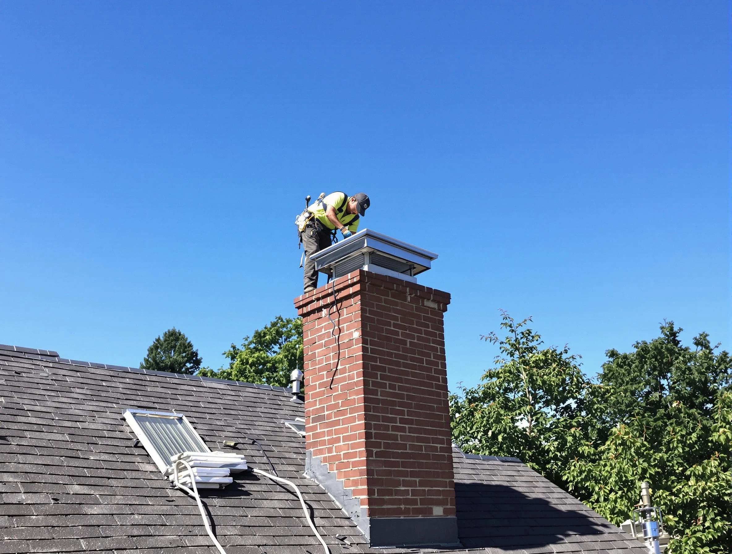 Dunwoody Chimney Sweep technician measuring a chimney cap in Dunwoody, GA