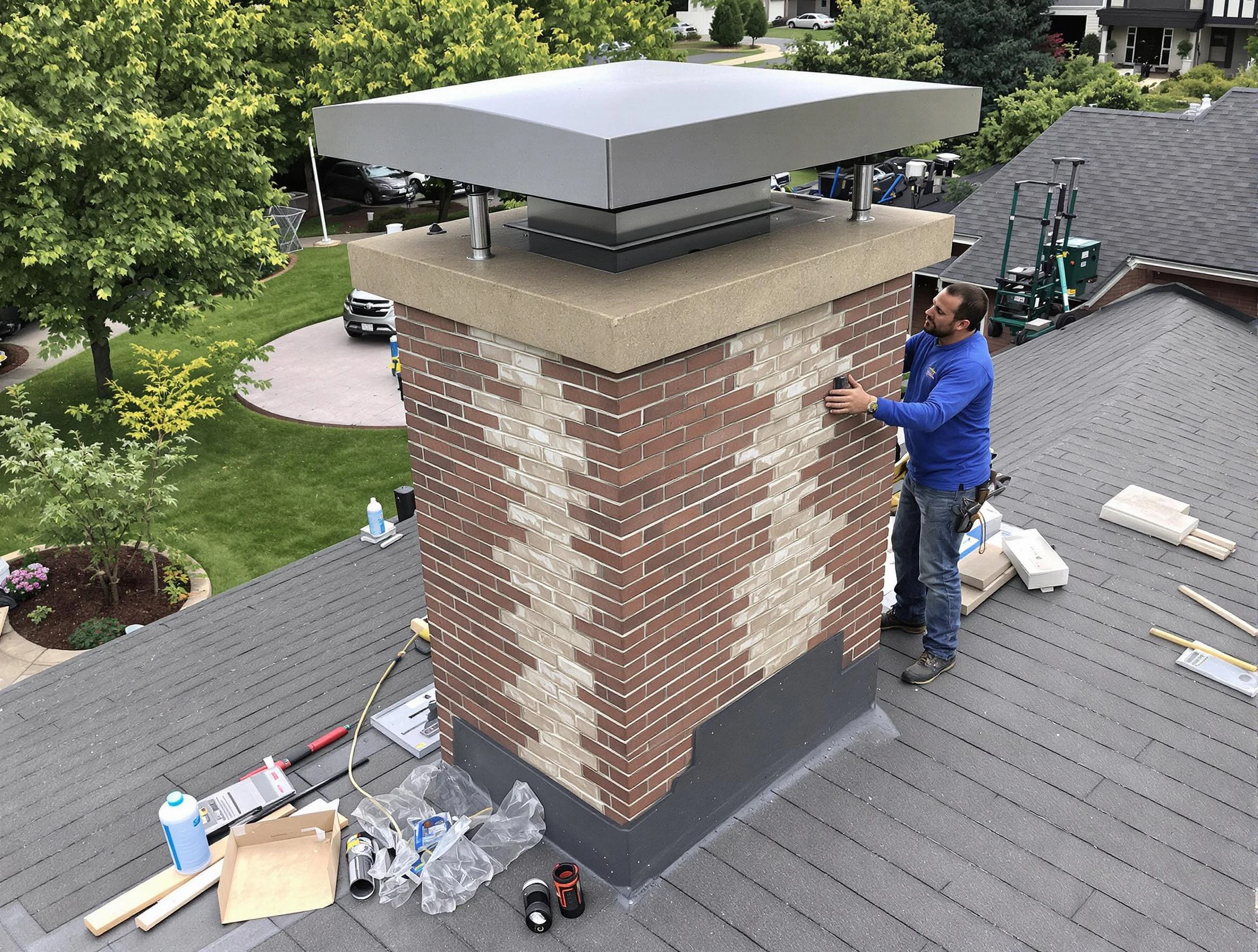 Dunwoody Chimney Sweep team working on a custom chimney remodel in Dunwoody, GA